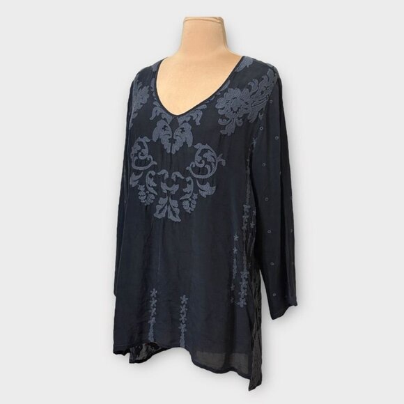 Johnny Was Boho Blouse Tunic M Washed Black Embroidered V Neck Long Sleeve EUC - Picture 1 of 9